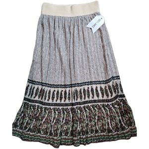 NEW ANDI + JAMES Sz S A-Line Skirt Pleated Beige Geometric Paisley Hem Lined